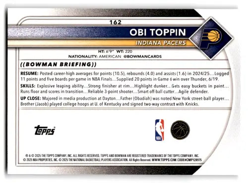 2025-26 Bowman #162 Obi Toppin NM-MT Pacers ID:82418 - Basketball Card Single