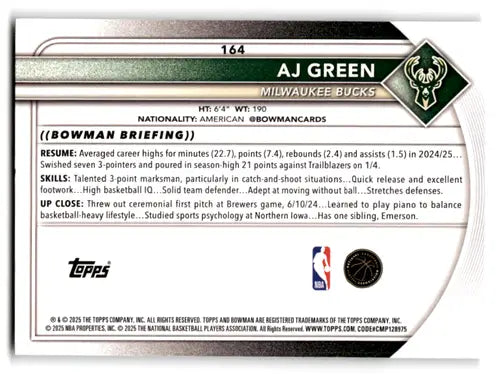 2025-26 Bowman #164 AJ Green NM-MT Bucks ID:82419 - Basketball Card Single