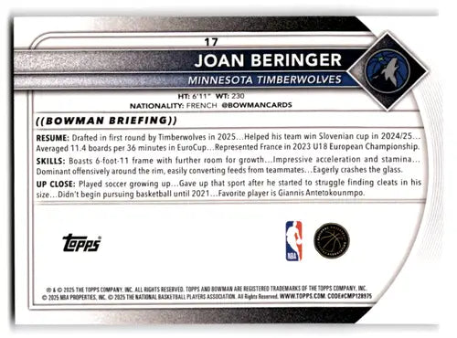 2025-26 Bowman #17 Joan Beringer NM-MT RC Rookie Timberwolves ID:82382 - Basketball Card Single