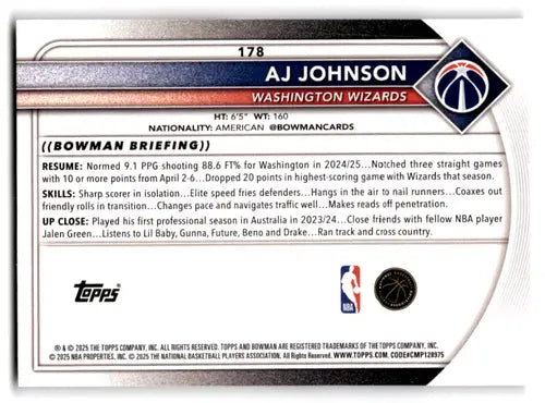 2025-26 Bowman #178 AJ Johnson NM-MT Wizards ID:82425 - Basketball Card Single