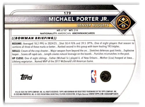 2025-26 Bowman #179 Michael Porter Jr. NM-MT Nuggets ID:82426 - Basketball Card Single