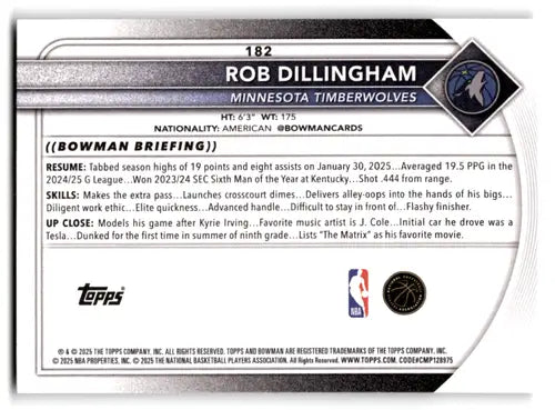 2025-26 Bowman #182 Rob Dillingham NM-MT Timberwolves ID:82427 - Basketball Card Single