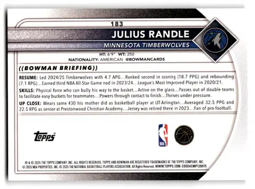2025-26 Bowman #183 Julius Randle NM-MT Timberwolves ID:82428 - Basketball Card Single