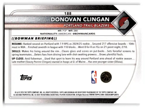 2025-26 Bowman #188 Donovan Clingan NM-MT Blazers ID:82430 - Basketball Card Single