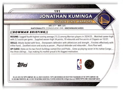 2025-26 Bowman #191 Jonathan Kuminga NM-MT Warriors ID:82431 - Basketball Card Single