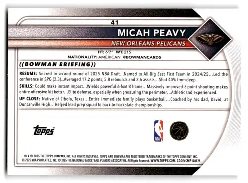 2025-26 Bowman #41 Micah Peavy NM-MT RC Rookie Pelicans ID:82384 - Basketball Card Single