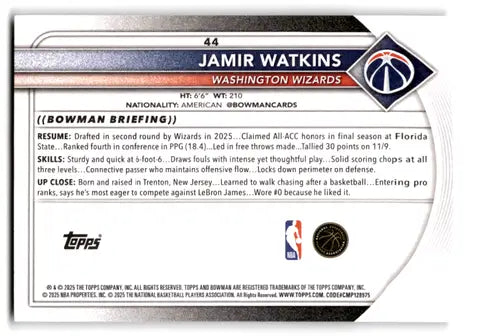 2025-26 Bowman #44 Jamir Watkins NM-MT RC Rookie Wizards ID:82385 - Basketball Card Single