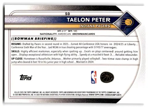 2025-26 Bowman #50 Taelon Peter NM-MT RC Rookie Pacers ID:82386 - Basketball Card Single