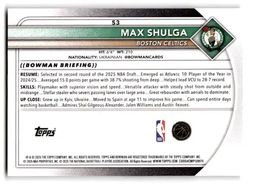 2025-26 Bowman #53 Max Shulga NM-MT RC Rookie Celtics ID:82387 - Basketball Card Single