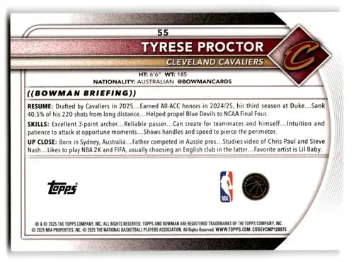 2025-26 Bowman #55 Tyrese Proctor NM-MT RC Rookie Cavaliers ID:82388 - Basketball Card Single