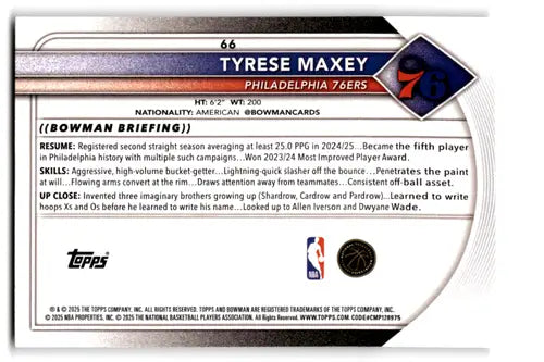 2025-26 Bowman #66 Tyrese Maxey NM-MT 76ers ID:82393 - Basketball Card Single