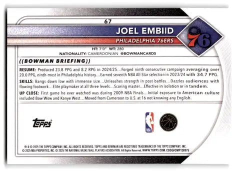 2025-26 Bowman #67 Joel Embiid NM-MT 76ers ID:82394 - Basketball Card Single