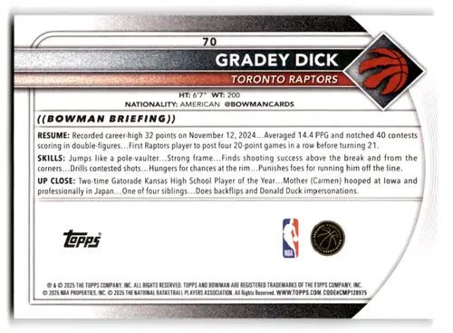 2025-26 Bowman #70 Gradey Dick NM-MT Raptors ID:82395 - Basketball Card Single
