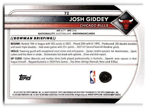2025-26 Bowman #72 Josh Giddey NM-MT Bulls ID:82396 - Basketball Card Single