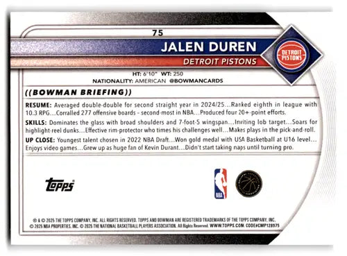 2025-26 Bowman #75 Jalen Duren NM-MT Pistons ID:82397 - Basketball Card Single