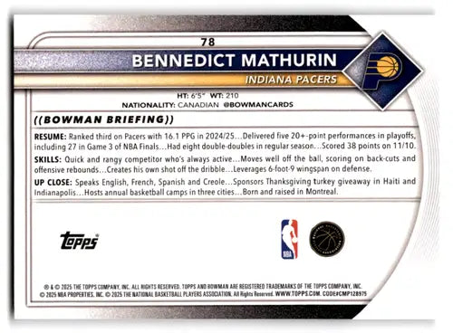 2025-26 Bowman #78 Bennedict Mathurin NM-MT Pacers ID:82398 - Basketball Card Single
