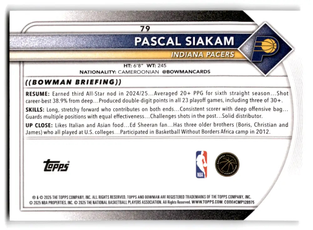2025-26 Bowman #79 Pascal Siakam NM-MT Pacers ID:82399 - Basketball Card Single