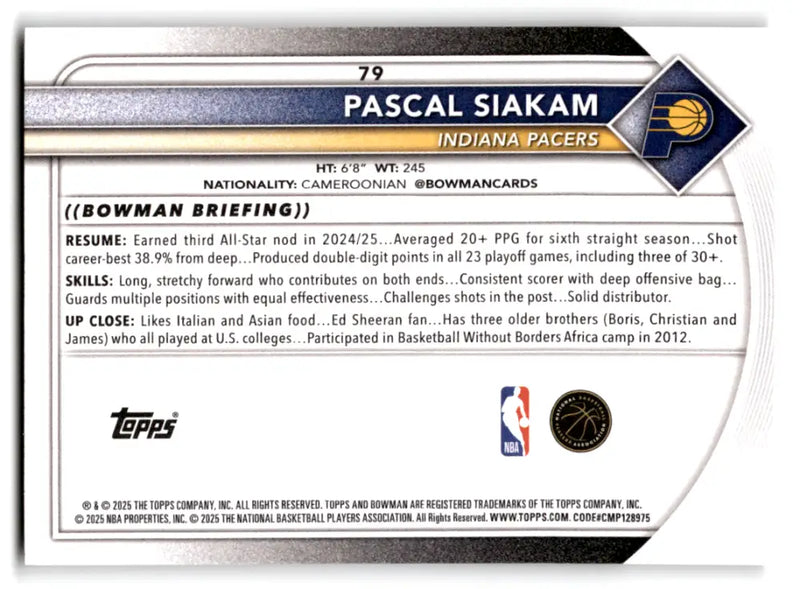 2025-26 Bowman #79 Pascal Siakam NM-MT Pacers ID:82399 - Basketball Card Single