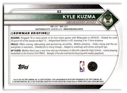 2025-26 Bowman #82 Kyle Kuzma NM-MT Bucks ID:82400 - Basketball Card Single