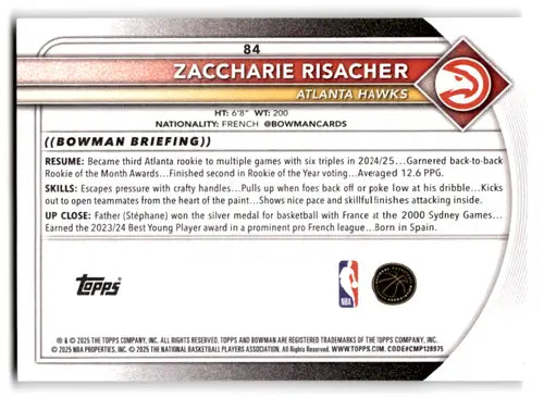 2025-26 Bowman #84 Zaccharie Risacher NM-MT Hawks ID:82402 - Baseball Card Single