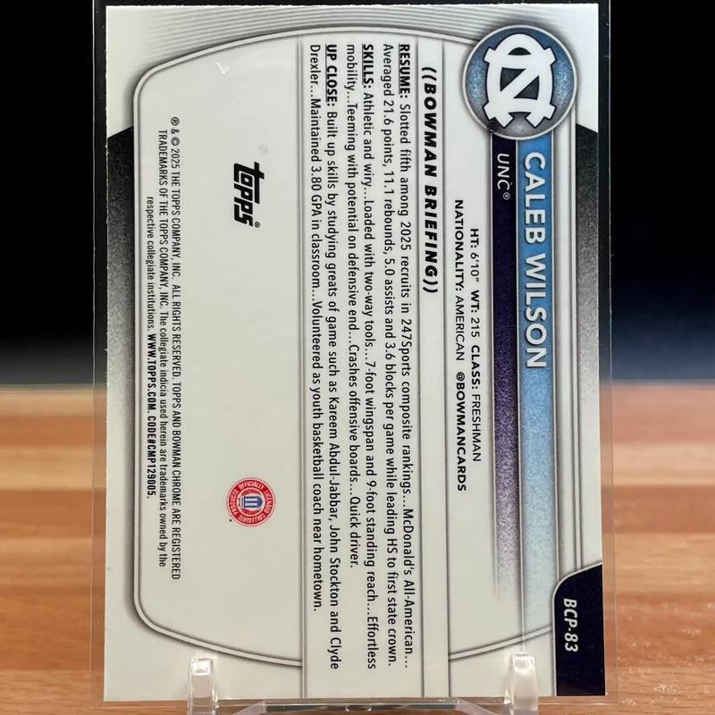2025-26 Bowman Basketball Caleb Wilson 1st Bowman Chrome UNC NBA NCAA - Basketball Card Single
