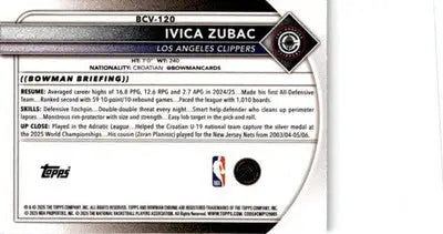 2025-26 Bowman #BCV-120 Ivica Zubac Chrome Reptilian Refractors - Basketball Card Single