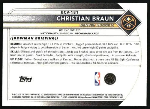 2025-26 Bowman Chrome #BCV-181 Christian Braun NM-MT Nuggets ID:82458 - Basketball Card Single
