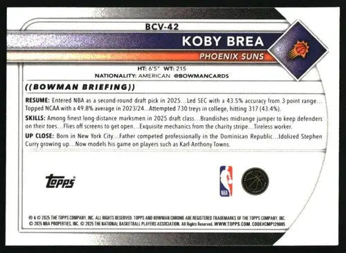 2025-26 Bowman Chrome #BCV-42 Koby Brea NM-MT RC Rookie Suns ID:82450 - Basketball Card Single