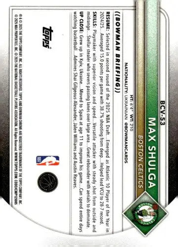 2025-26 Bowman Chrome #BCV-53 Max Shulga NM-MT RC Rookie Celtics ID:82451 - Basketball Card Single