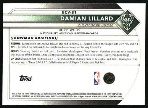 2025-26 Bowman Chrome #BCV-81 Damian Lillard NM-MT Bucks ID:82453 - Basketball Card Single