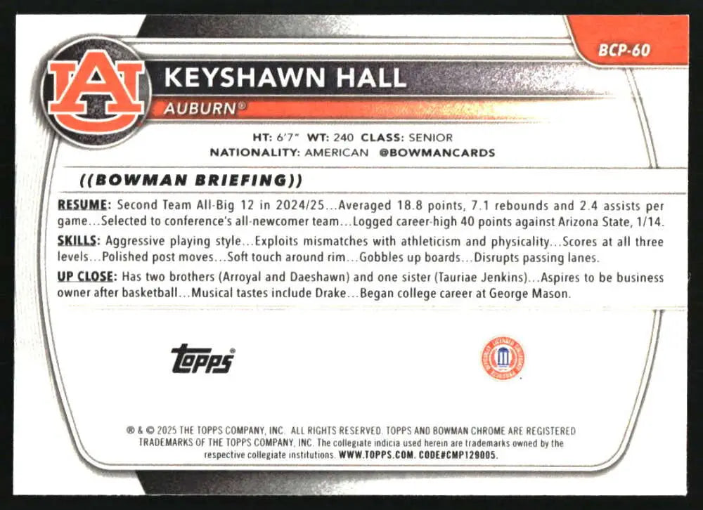 2025-26 Bowman Chrome Prospects #BCP-60 Keyshawn Hall NM-MT ID:82461 - Basketball Card Single