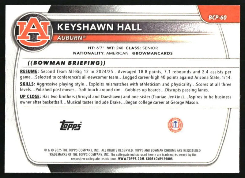 2025-26 Bowman Chrome Prospects #BCP-60 Keyshawn Hall NM-MT ID:82461 - Basketball Card Single