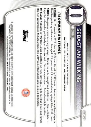 2025-26 Bowman Chrome Prospects #BCP-99 Sebastian Wilkins NM-MT ID:82464 - Baseball Card Single