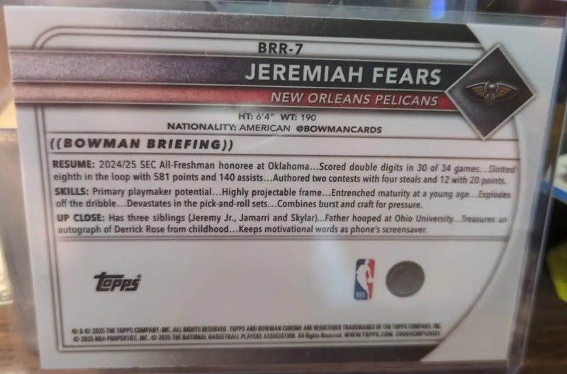 2025-26 Bowman Jeremiah Fears Red Rookie Refractor SP #BRR-7 Pelicans (RC) - Basketball Card Single