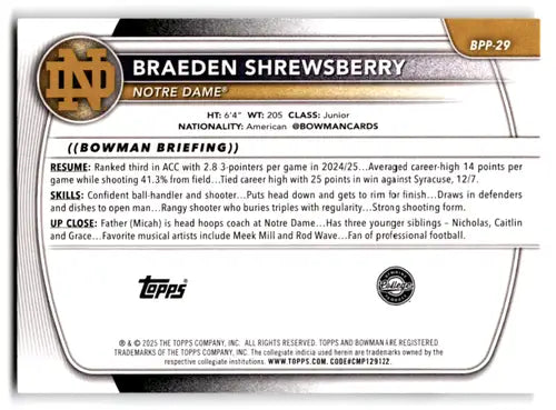 2025-26 Bowman Paper Prospects #BPP-29 Braeden Shrewsberry NM-MT ID:82438 - Baseball Card Single