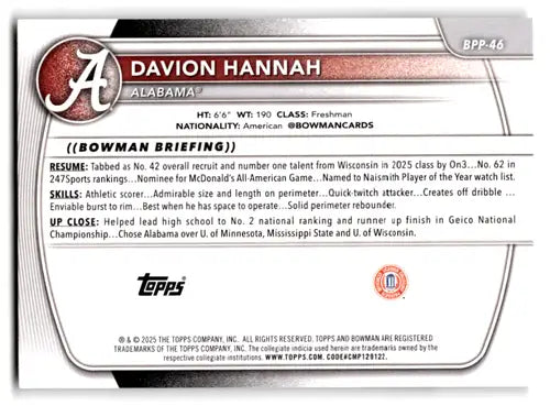 2025-26 Bowman Paper Prospects #BPP-46 Davion Hannah NM-MT ID:82440 - Baseball Card Single