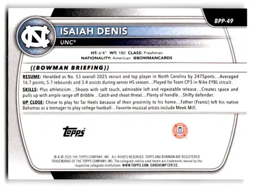 2025-26 Bowman Paper Prospects #BPP-49 Isaiah Denis NM-MT ID:82441 - Baseball Card Single