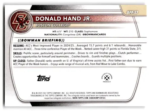2025-26 Bowman Paper Prospects #BPP-57 Donald Hand Jr. NM-MT ID:82442 - Baseball Card Single