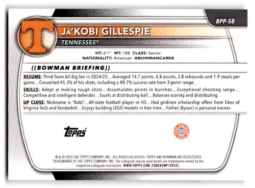 2025-26 Bowman Paper Prospects #BPP-58 Ja’Kobi Gillespie NM-MT ID:82443 - Baseball Card Single