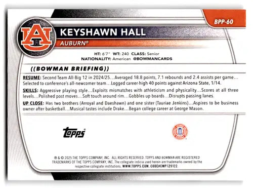 2025-26 Bowman Paper Prospects #BPP-60 Keyshawn Hall NM-MT ID:82444 - Baseball Card Single