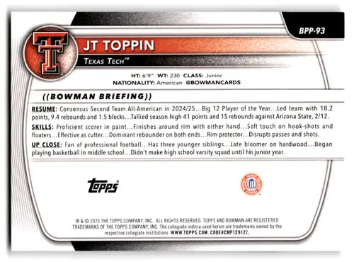 2025-26 Bowman Paper Prospects #BPP-93 JT Toppin NM-MT ID:82447 - Baseball Card Single