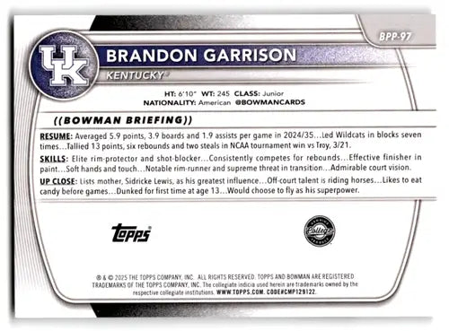 2025-26 Bowman Paper Prospects #BPP-97 Brandon Garrison NM-MT ID:82448 - Baseball Card Single