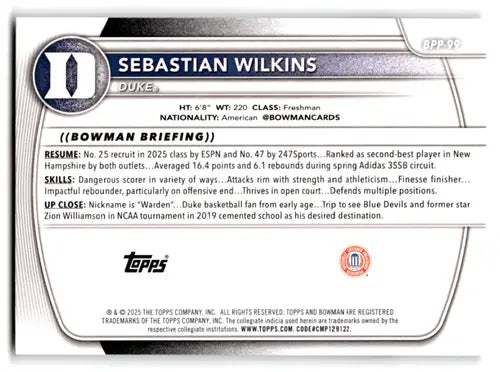 2025-26 Bowman Paper Prospects #BPP-99 Sebastian Wilkins NM-MT ID:82449 - Baseball Card Single