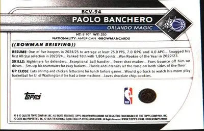 2025-26 Bowman Sapphire Blue Color Match Chrome #BCV-94 Paolo Banchero - Basketball Card Single