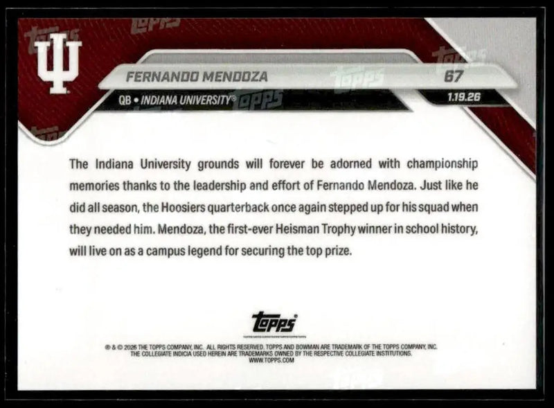 2025-26 Bowman U Now Fernando Mendoza #67 Promised Land Indiana Hoosiers - Basketball Card Single