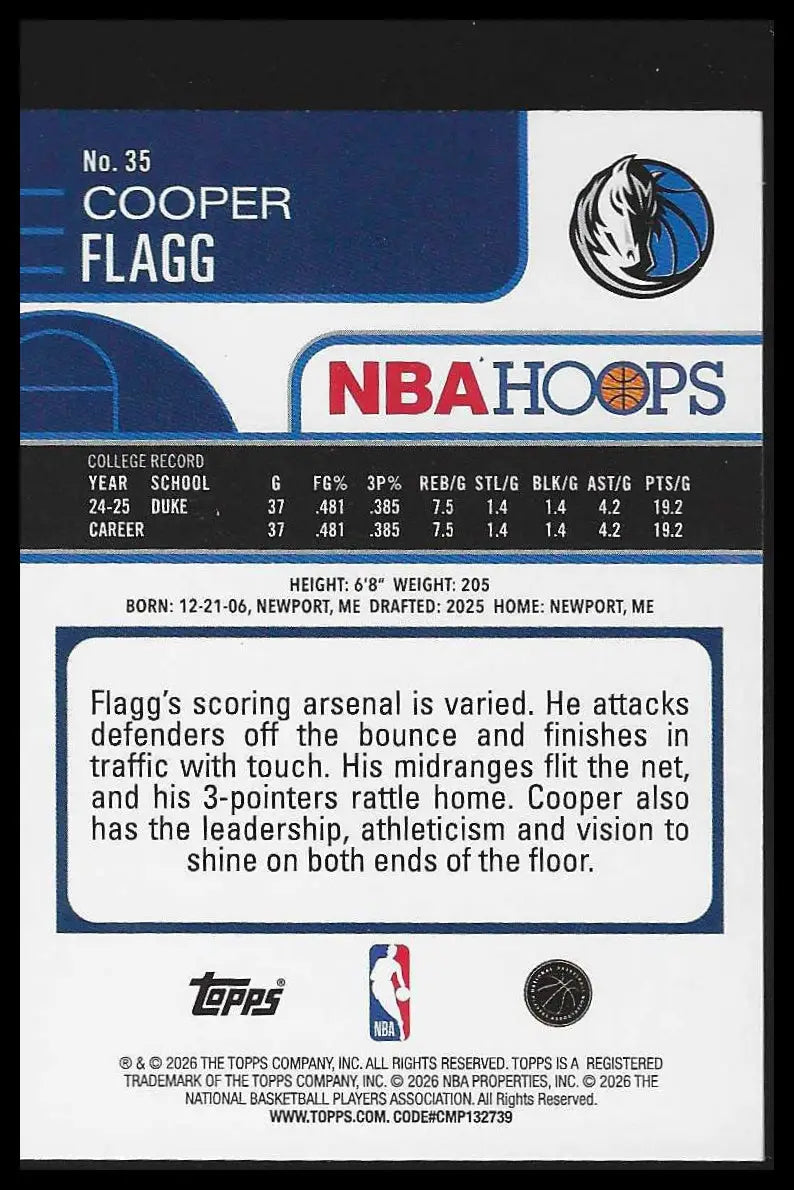 2025-26 Hoops #35 Cooper Flagg Rookie RC - Basketball Card Single