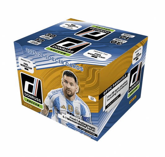 2025-26 Panini Donruss Road to FIFA World Cup Soccer Hobby Box sealed
Donruss soccer cards Messi Mbappe Rated Rookies parallels
Donruss World Cup soccer inserts autographs memorabilia