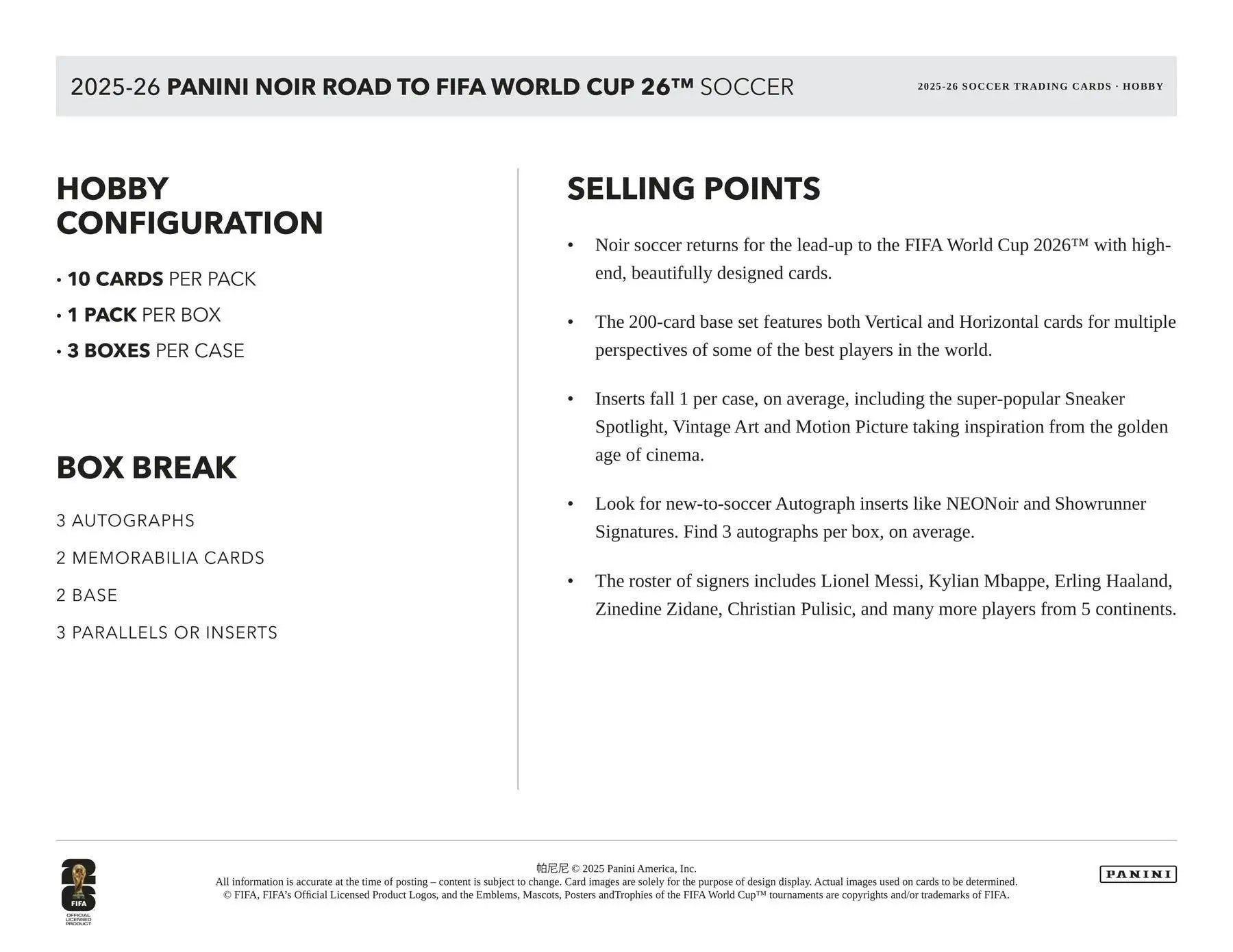 2025/26 Panini Noir Road to FIFA World Cup Soccer Hobby Box | Columbia Sports Cards - Sports Card Hobby Boxes