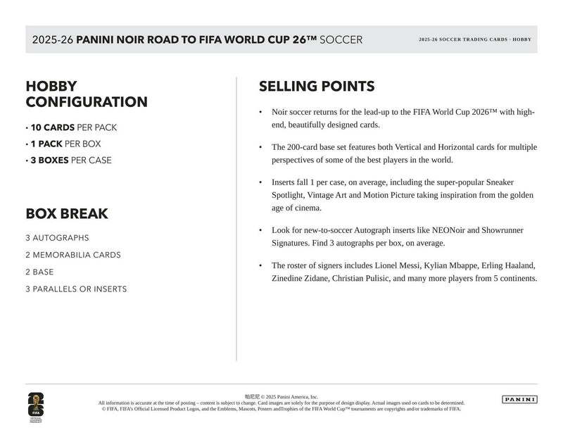 2025/26 Panini Noir Road to FIFA World Cup Soccer Hobby Box | Columbia Sports Cards - Sports Card Hobby Boxes