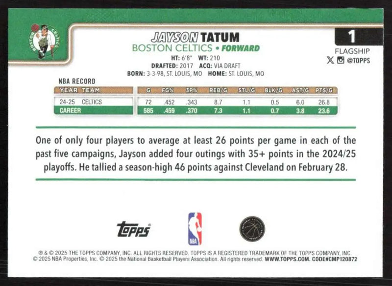 2025-26 Topps #1 Jayson Tatum NM-MT Boston Celtics Basketball Card - Basketball Card Single